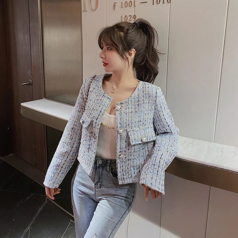 Женский твидовый укороченный топ модный ретро-топ с круглым вырезом в