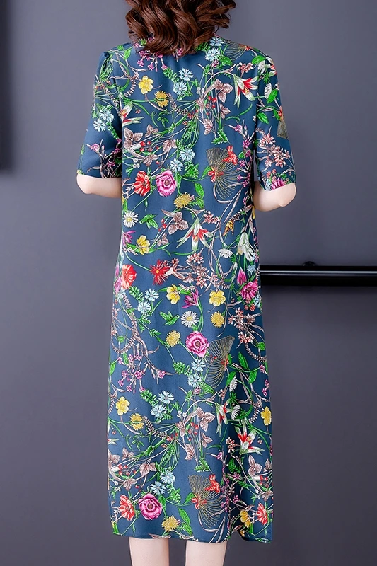 

COIGARSAM 4XL Plus Size Chinese Silk Women dress Cheongsam French Style Sheath Dresses Blue Print 5399