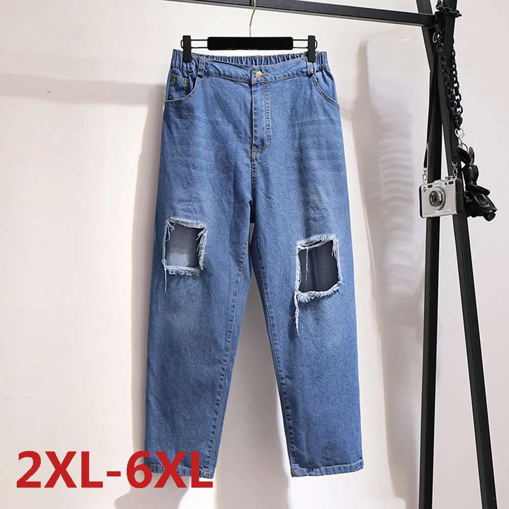 

Women Autumn Large Size Hole Jeans Casual Loose Denim Trousers Elastic Waist Denim Pant Plus Size 2XL-6XL