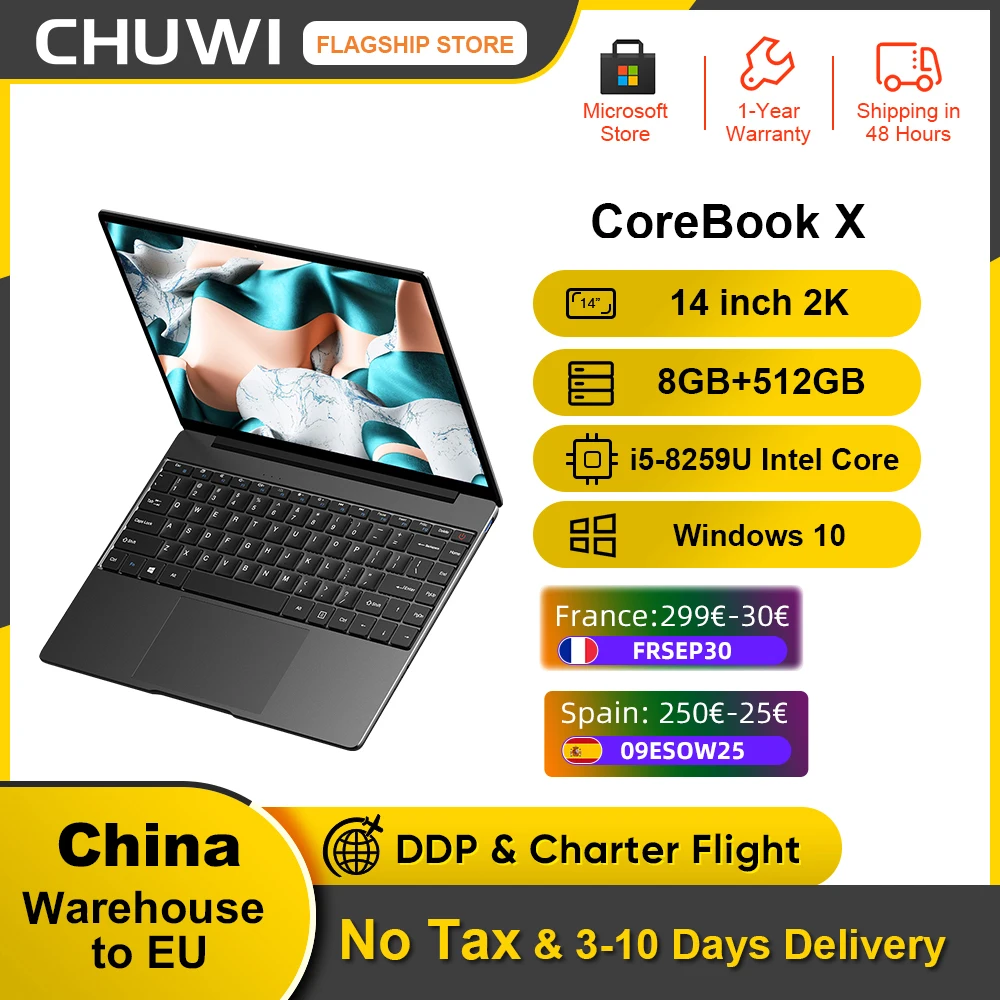 

Ноутбук CHUWI CoreBook X, 14 дюймов, разрешение 2160*1440, Intel Core i5-8259U, 4 ядра, 8 Гб ОЗУ, 512 Гб SSD, Windows 10, клавиатура с подсветкой