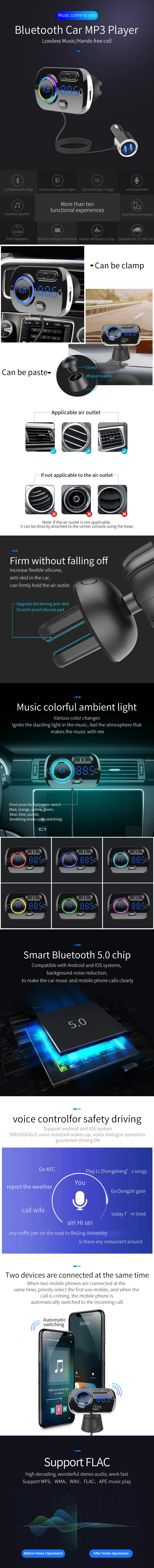 Многофункциональный автомобильный комплект aux Usb bluetooth 5,0 fm-передатчик модулятор с QC3.0 автомобильное зарядное устройство для устройства Handsfree bluetooth телефон