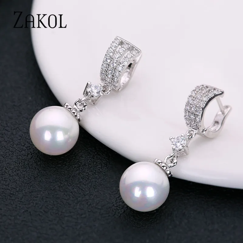 ZAKOL модные белые серьги капли с фианитами для женщин имитация жемчуга свадебные