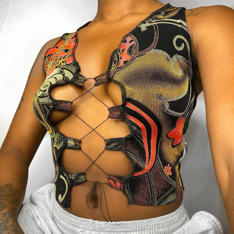 

New Hot Sale Graphic Pattern Cross Lace Up Hollow Sleeveless T-Shirts for Women Print Y2K Skinny Crop Tank Top Mujer Female Sexy