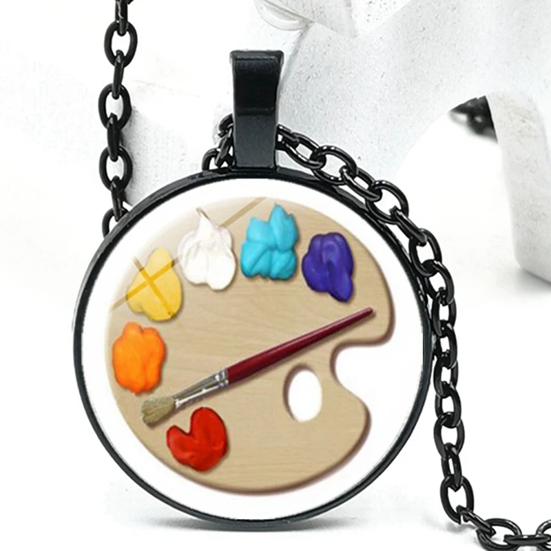 

2020 New Fashion Palette Photo Cabochon Glass Painter Fashion Chain Pendant Necklace Handmade Jewelry Accessory Gift