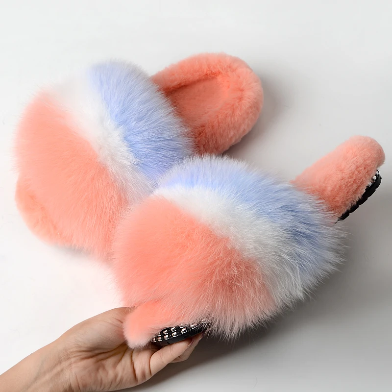

Big Fur Slippers House Women Winter Real Fur Slides Home Ladies Fluffy Slippers Female Furry Shoes Indoor Soft 2020 New Arrival