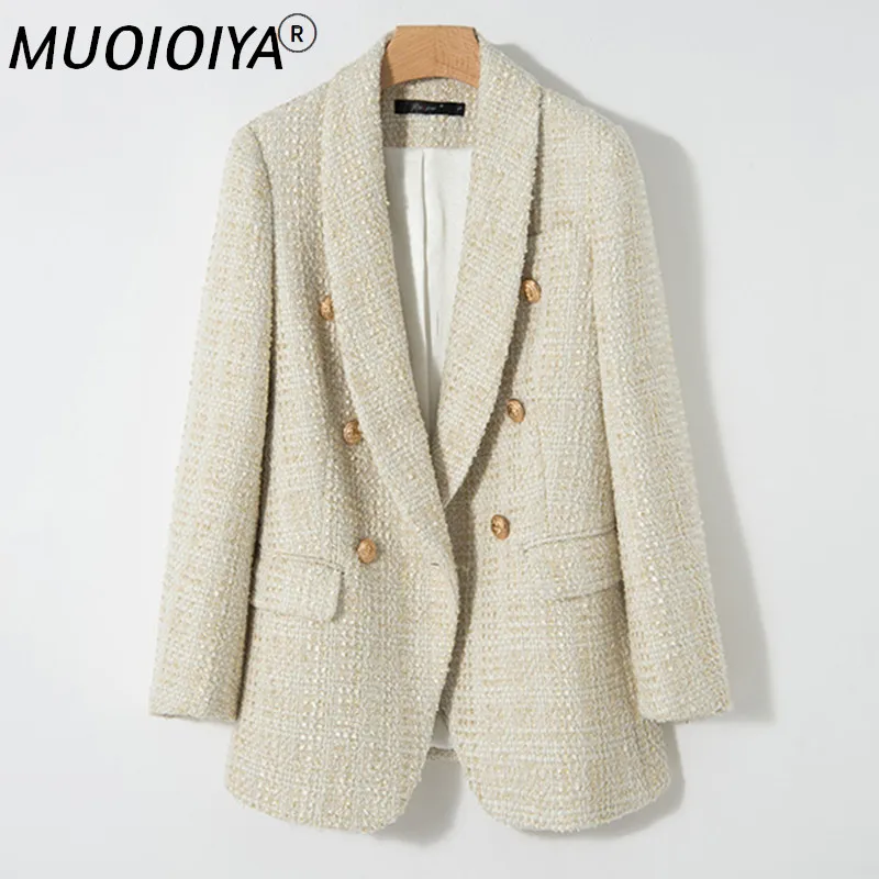 

Vintage Tweed Blazer Women Notched Collar Long Sleeve Elegant Suit Jacket Coat Office Lady Blazers Outerwear Female Chic Tops