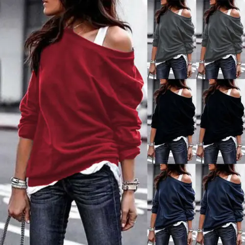 Women's One Shoulder Jumper Pullover Ladies Hoodies Top Loose T shirt Sweatshirt | Женская одежда