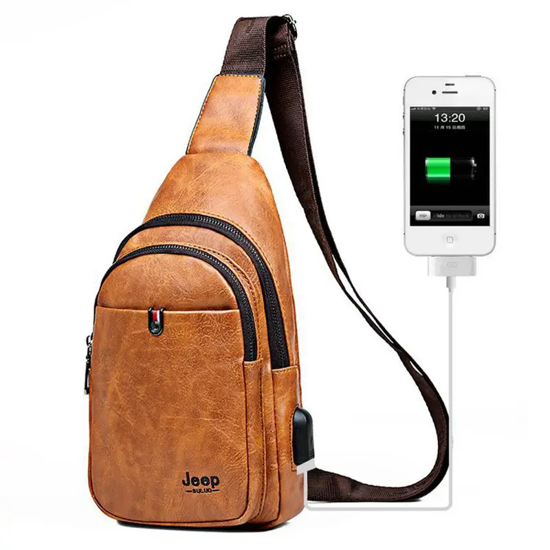 Weysfor USB Charging Messenger Bag Leather Men Chest Bag Crossbody Shoulder Bag Men's Business Sling Bag Male Casual Chest Pack