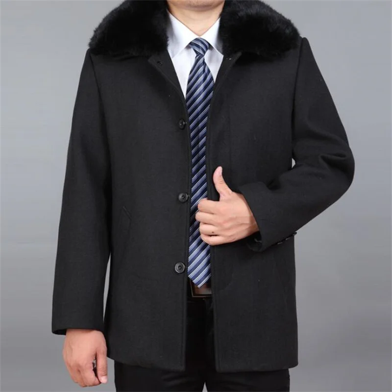Autumn winter woolen coat men's middle-aged loose casual lapel mid-length cloth тренч мужской куртка мужская зимний fur collar