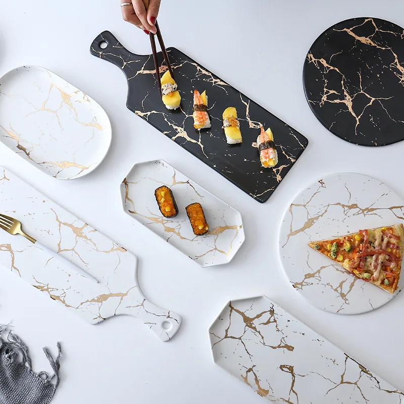 

Marble matte gold black and white ceramic tableware plate cold dish plate western steak plate fruit plate Sushi platePizza plate