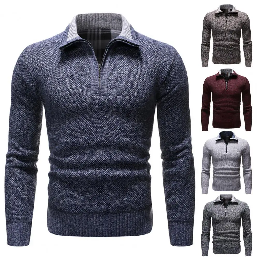 

Zipper Neck Lapel Knitted Sweater Ribbed Cuffs Long Sleeve Shrink Resistant Winter Sweater Male Clothing