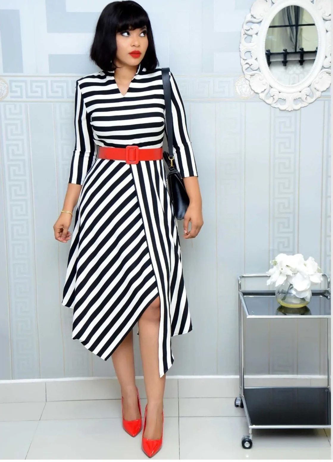

Hot Women's V-neck Stripe Cross 9-point Sleeve with Belt Irregular Dress