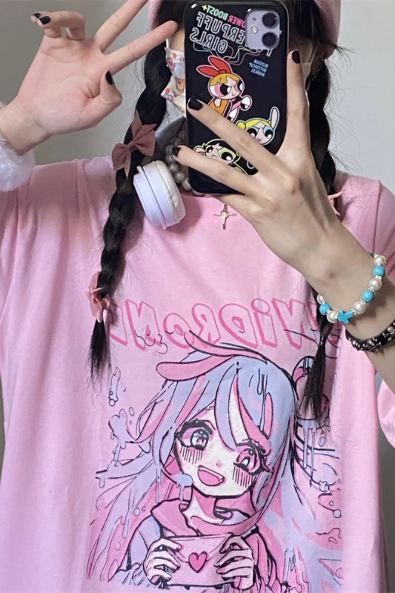 

Gothic Lovely T-shirt Summer Women Tshirts Casual Harajuku Style Pink Cartoon Girl Print Short Sleeve Loose Round Neck Top Girl