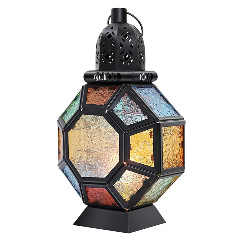 Retro Iron Candle Lantern,Portable Moroccan Stained Glass Candle Holder Hanging Lamp Horse Light Wind Lantern,Home Decor