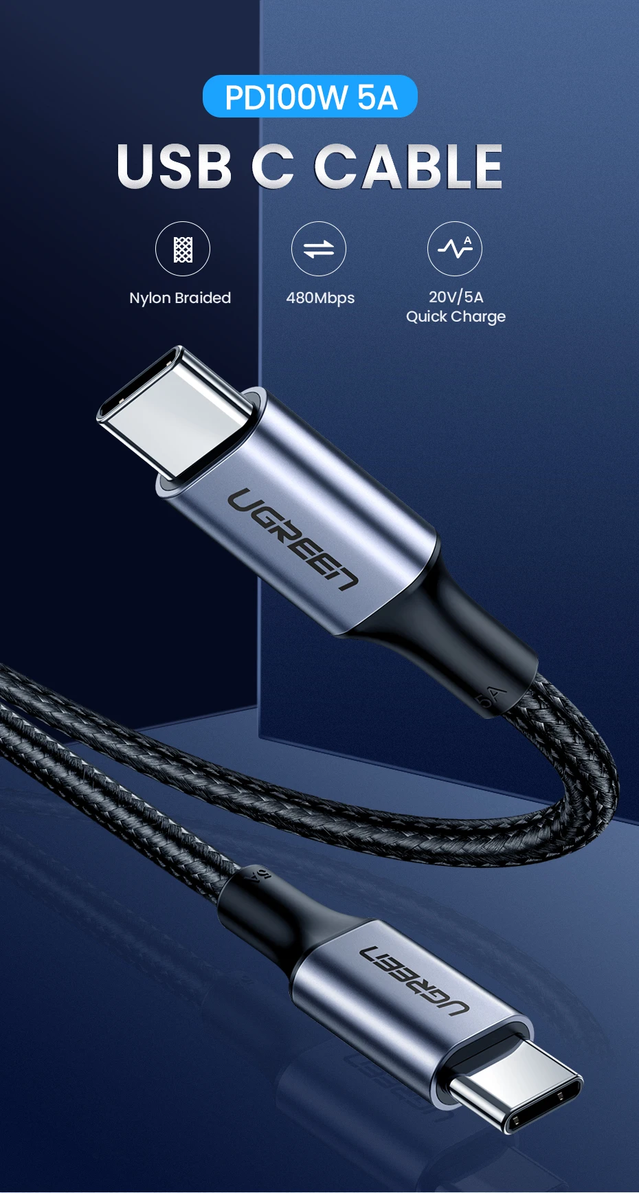 Ugreen usb type C-USB C кабель для samsung Galaxy S9 PD 60 Вт быстрое зарядное устройство кабель для Macbook поддержка Quick Charge4.0 USB шнур
