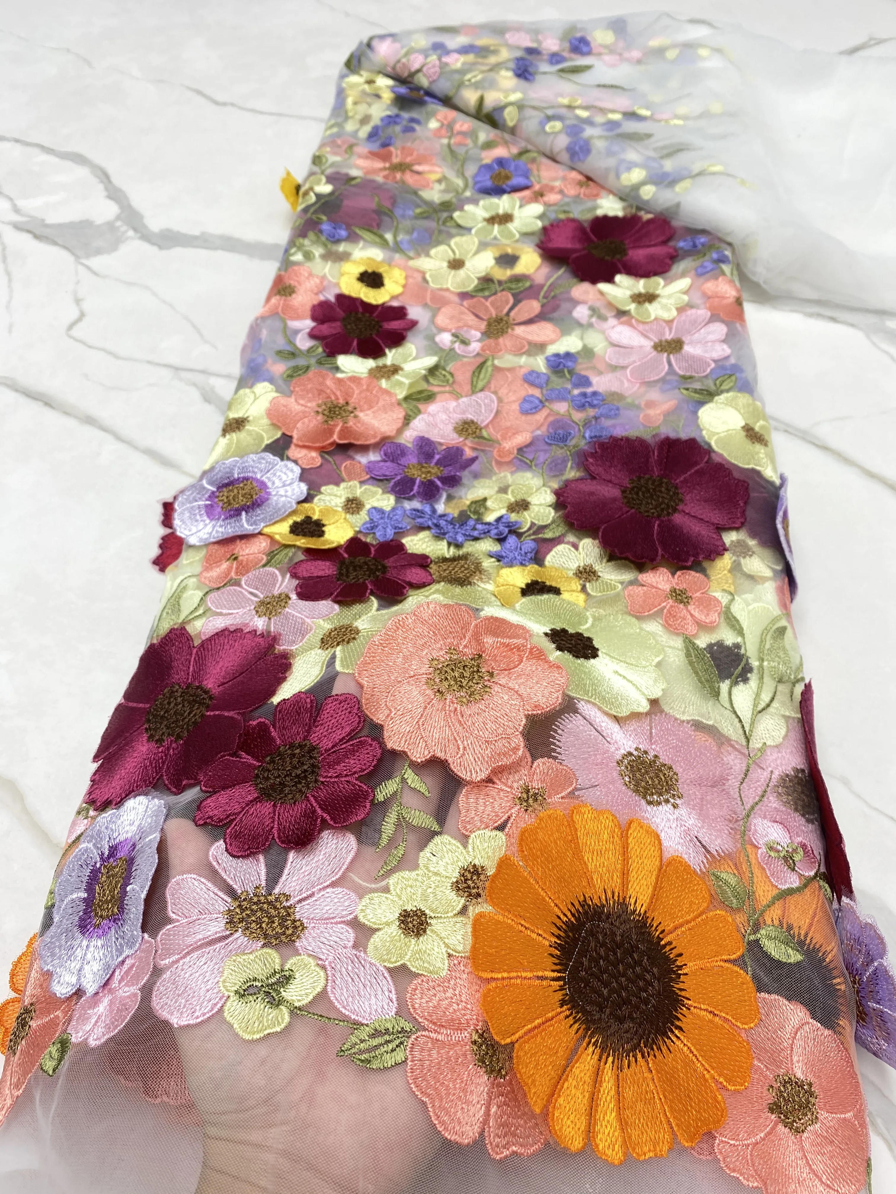 Tela de encaje de tul africano de alta calidad, tela de encaje bordado de flores 3D, blanco para fiesta, boda, 5 yardas, NI5726-1