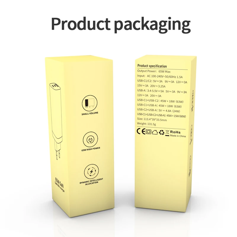 

3 in 1 65 W GaN Charger Fast Charging EU and US & UK PLUG PD 3.0 QC 4.0 3.0 Fast Charging Standard USB Class C