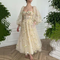 champagne short prom dresses 2021 lace butterfly puff long sleeve wedding party dress ankle length vestido de formatura