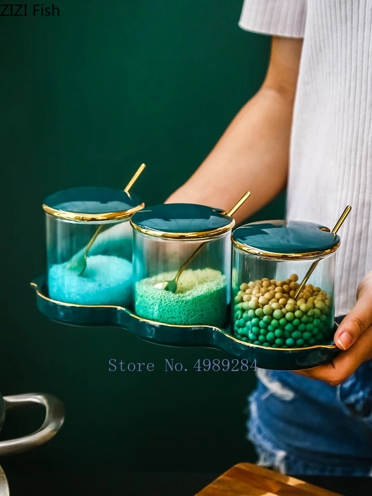 Керамическая баночка специй градиентная изумрудная ложка кухонный резервуар