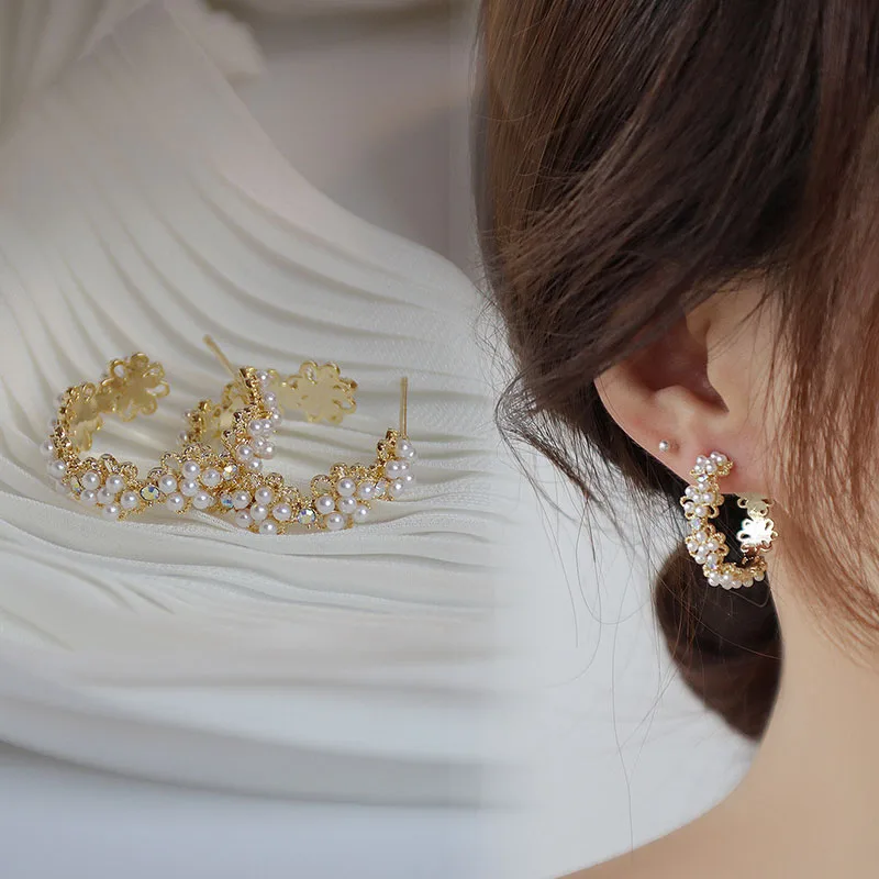 

Mori Style Flower Lace Pearls Earrings Jewelry Women Girl Earrings Korean Style Sweet Silver Needle Lace Pearl Earrings New