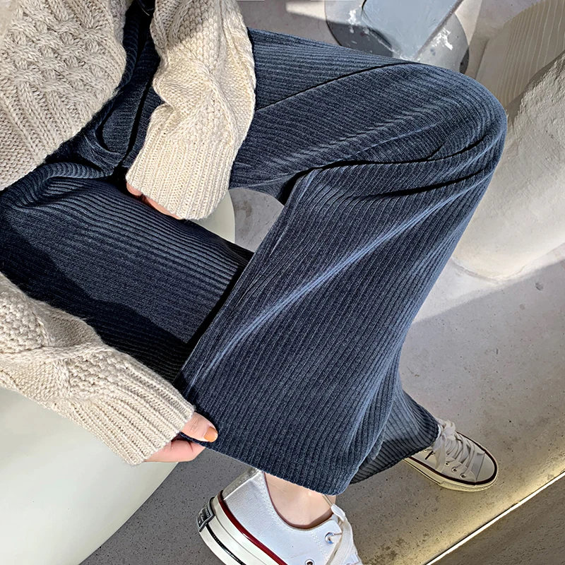 

Брюки женские вельветовые с широкими штанинами, Винтажные эластичные штаны с завышенной талией, в полоску, на осень-зиму