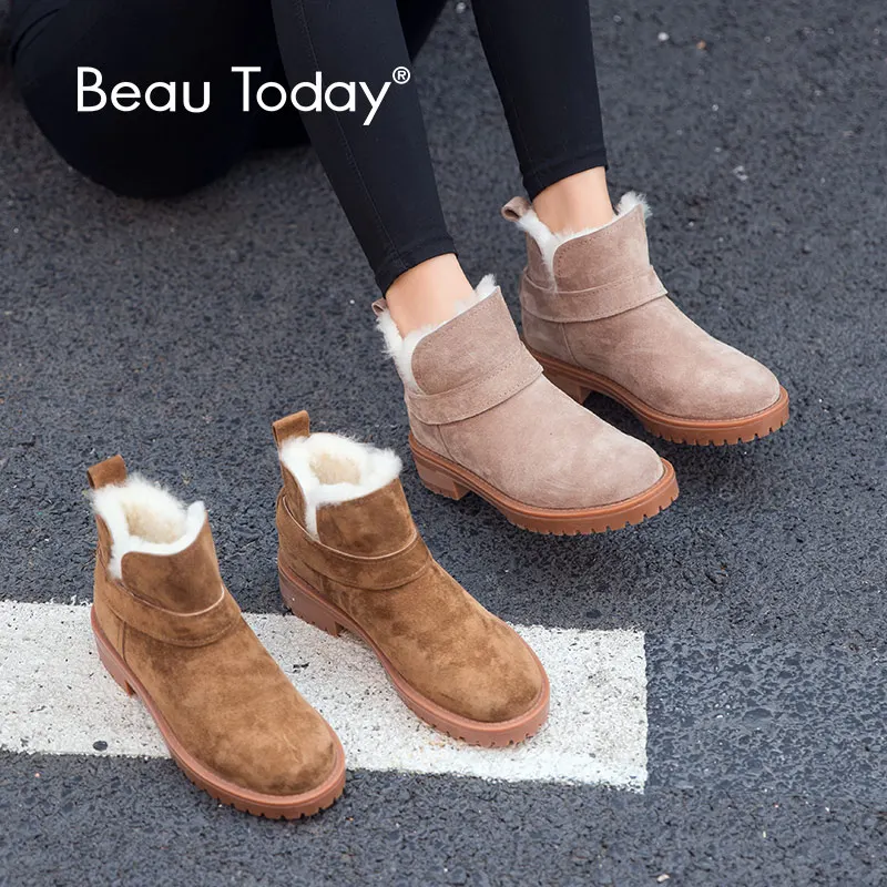 BeauToday/женские зимние ботинки из натуральной кожи с круглым носком на платформе; Лидирующий бренд; женские зимние шерстяные ботильоны ручной работы; 03280