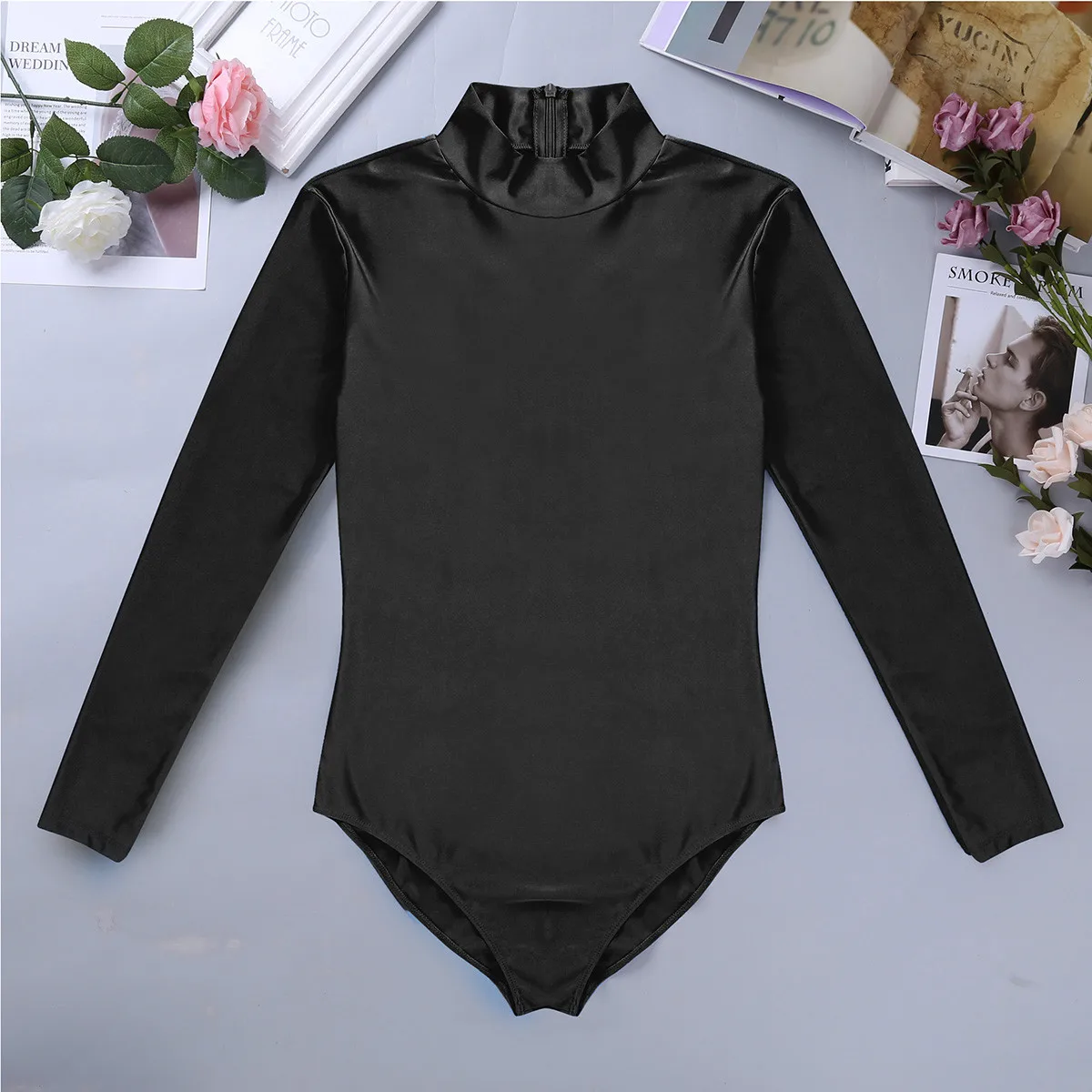 Mens One-piece Swimsuit Long Sleeve Stand Collar Stretch Solid Cosplay Costume Leotard Bodysuit Jumpsuit
