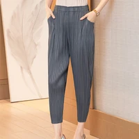 women pants plus size 2021 summer new ankle length big stretch miyake pleated pencil pants for women weight 45 75kg