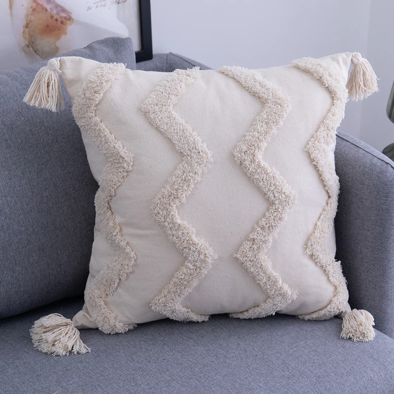

Tassels Cushion Cover Beige Pillow Cover Handmade Square Home Decoration for living Room Bed Room Zip Open