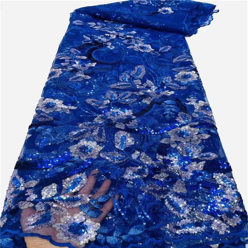 

Latest African Mesh Royal Blue Lace Fabric Embroiderey Sequins Beads French Tulle Laces Fabric For Nigerian Wedding Party Sew