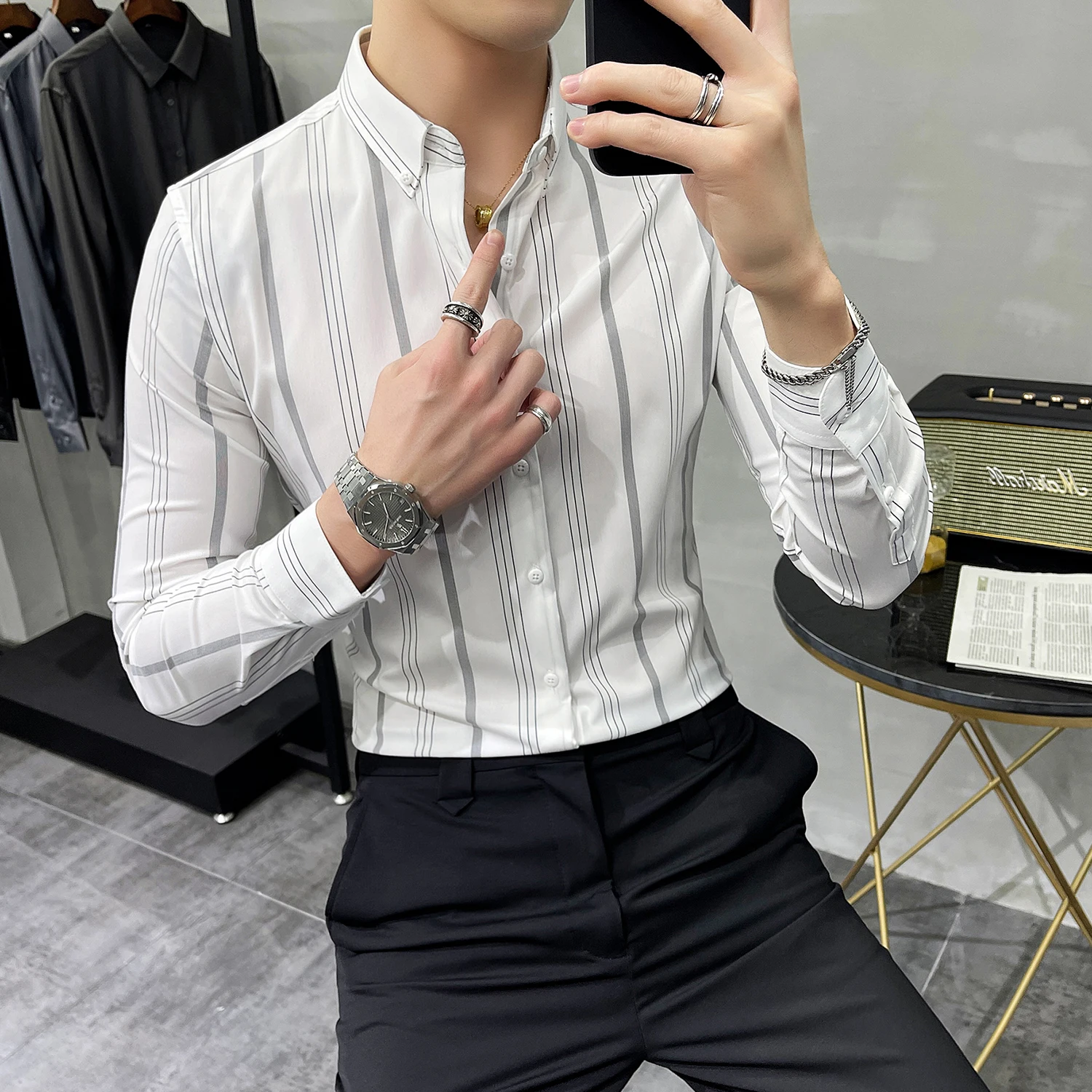 

2021 Striped Men's Shirt Dress Business Casual Shirts Long Sleeve Slim Fit Men Shirt Autum Tuxedo Social Shirts Male Clothing