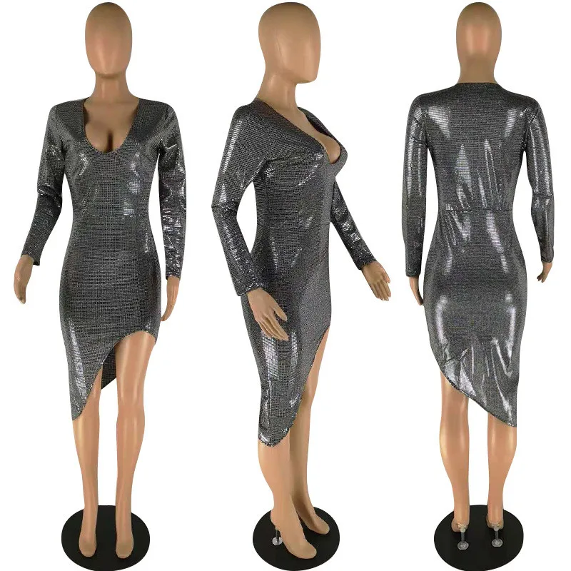 Женское зимнее черное платье с длинным рукавом и блестками элегантное блестящее