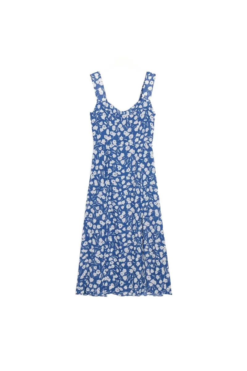 

Blue Floral Suspender Dress 2021 Spring and Summer New V-neck High Waist Slim Sleeveless Split Vacation Chiffon Dress