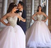 vestidos de noiva luxury bead crystal half sleeves wedding dresses 2021 sheer back tulle ball gown arabic dubai bridal dress
