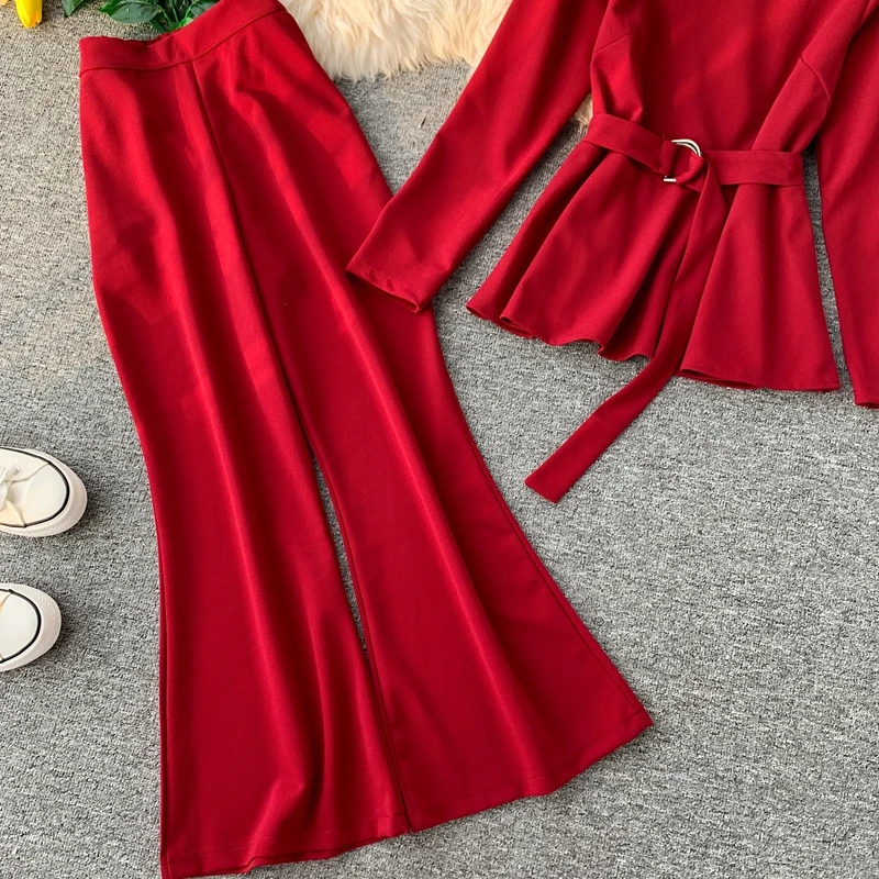 ALPHALMODA модный костюм с длинными рукавами пуловер пояс-кушак наряд+ расклешенные ноги дамы 2 шт брюки костюмы сплошной осенний комплект одежды