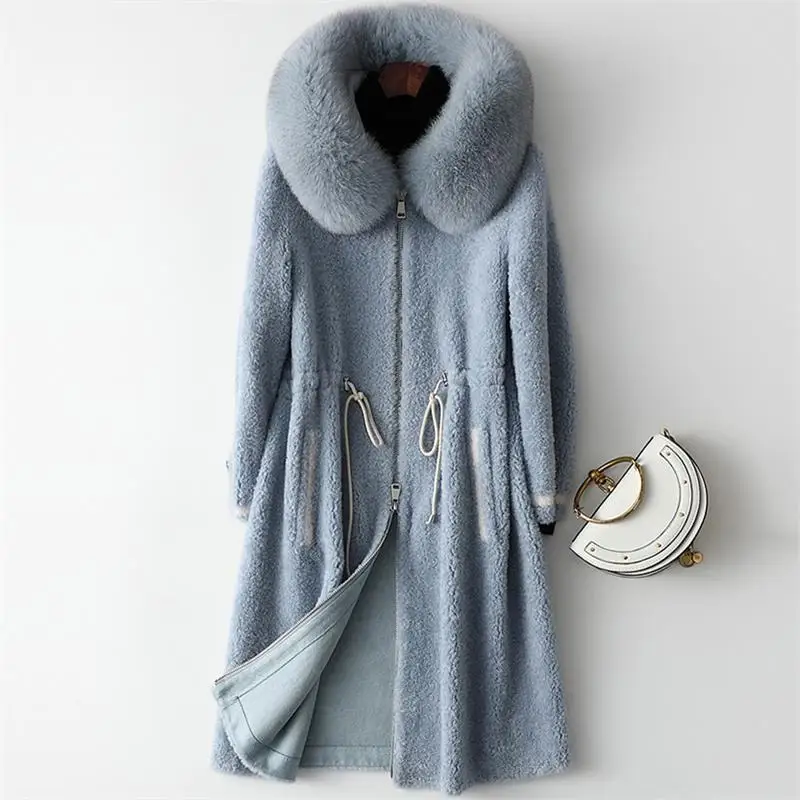 

Women New 2020 Winter Real Genuine Sheep Shearing Jacket With Natural Fox Fur Collar Female Hooded Genuine Lamb Fur Outwear T212