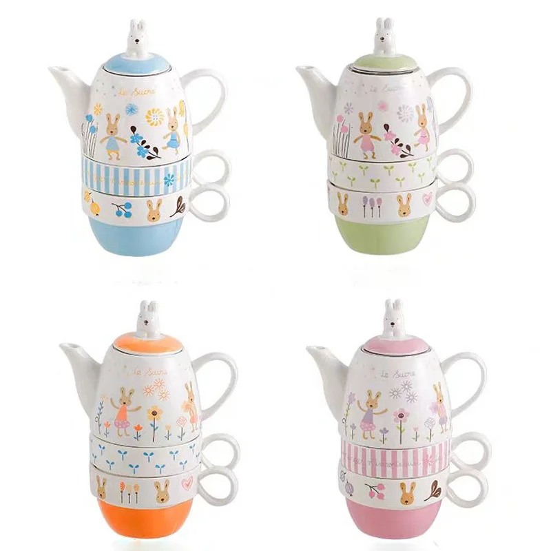 Мультяшный чайный набор один чайник и две чашки керамический для