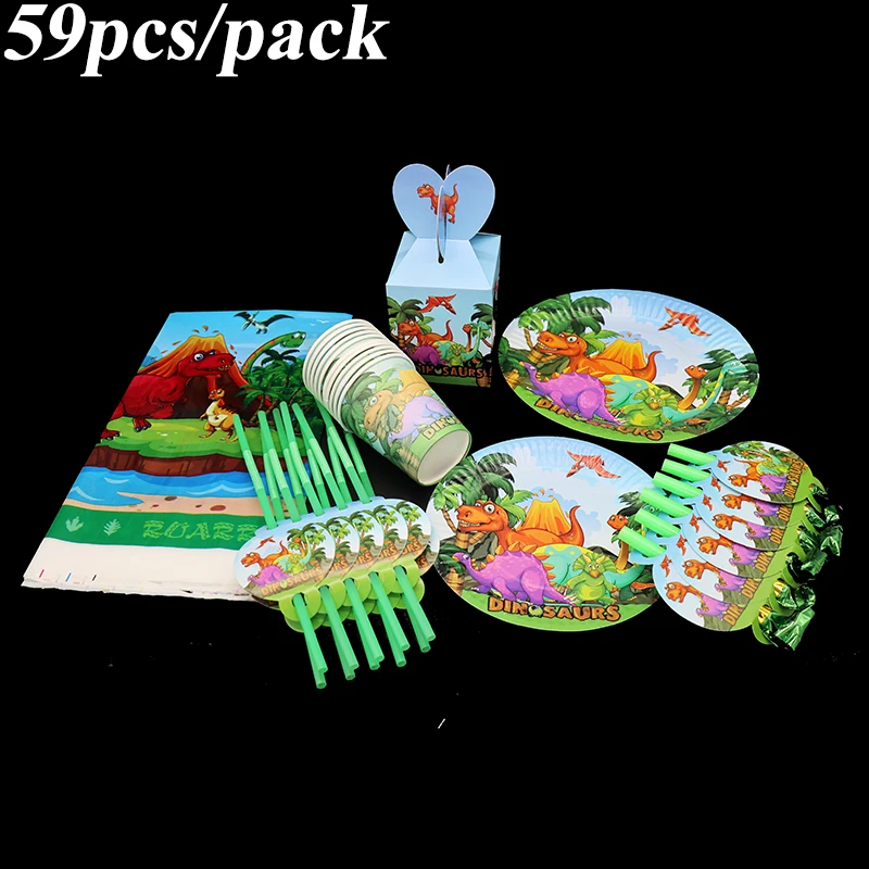 

59pcs/lot Dinosaur disposable tableware Jurassic Dino plates cups napkins tablecloths Dinosaur theme birthday party decorations