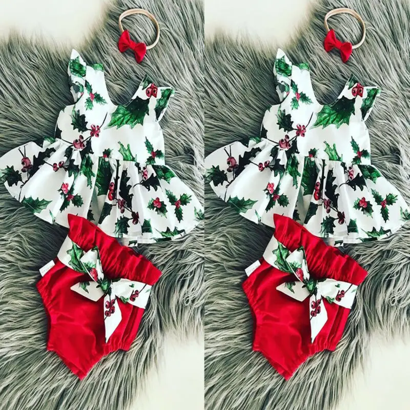 0-24M Newborn Baby Girls Xmas Playsuit Toddler Outfits Set Romper+Short Pants+Headband