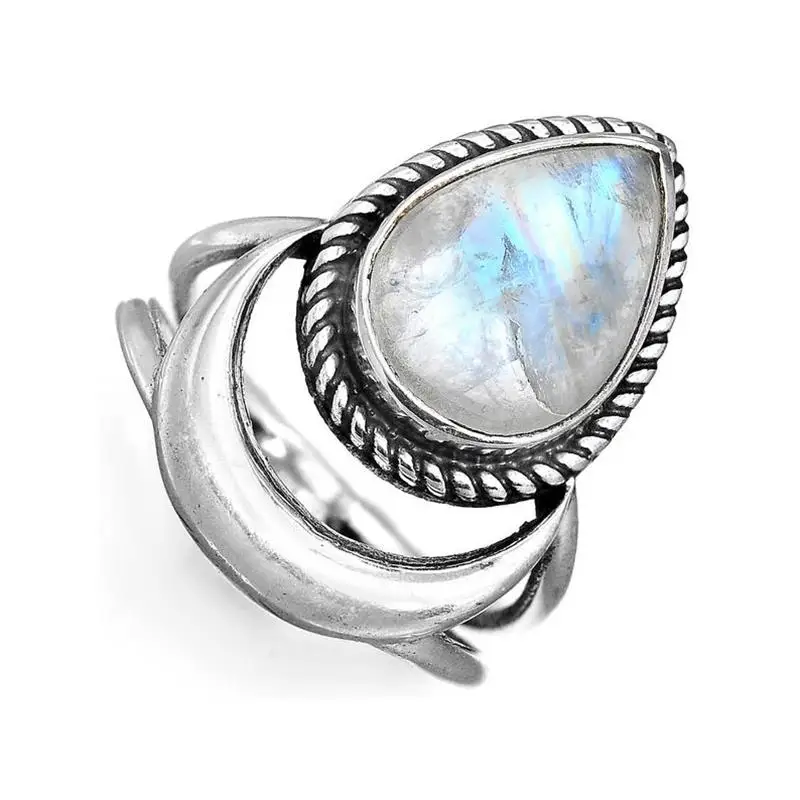 

Fashion Retro Inlaid Moonstone Ring Creative Water Drop Crescent Women Engagement Wedding Rings Jewelry