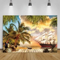 laeacco summer old wooden sailboat palms tree pirate wood floor baby birthday party scenic photo background photography backdrop