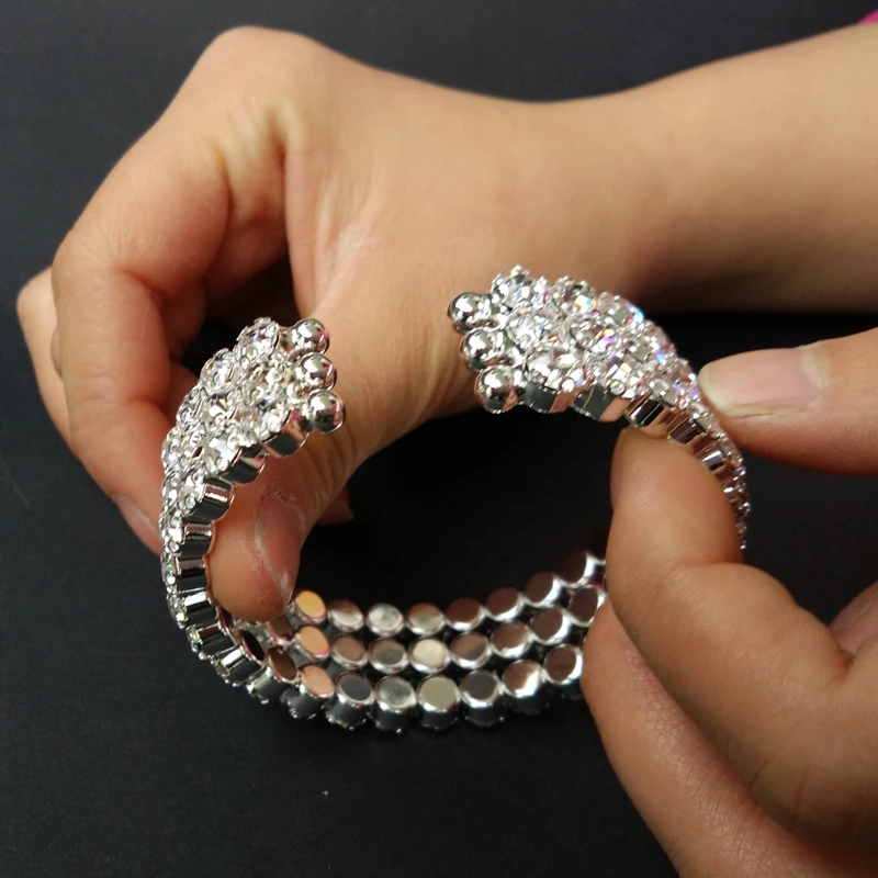 3 ряда кристаллов Большой Стразы стрейч Серебряный Прозрачный Свадьба красота