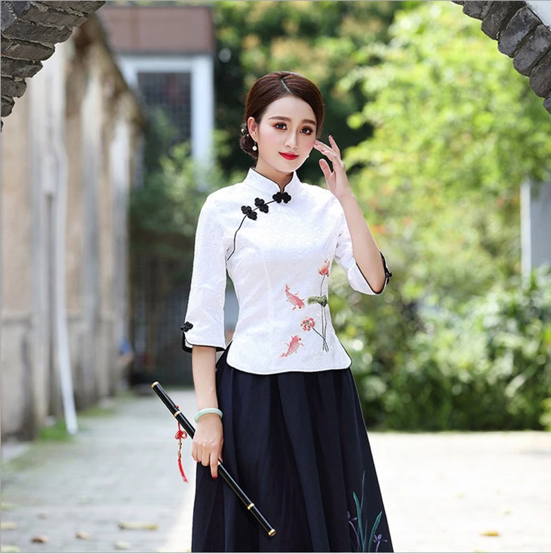 Женское платье-рубашка с коротким рукавом cheongsam hanfu китайский костюм из двух