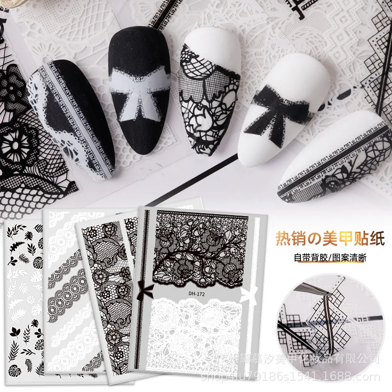 Flower chic black and white lace hollow nail sticker self-adhesive 3D nail sticker transfer decal holographic decoration