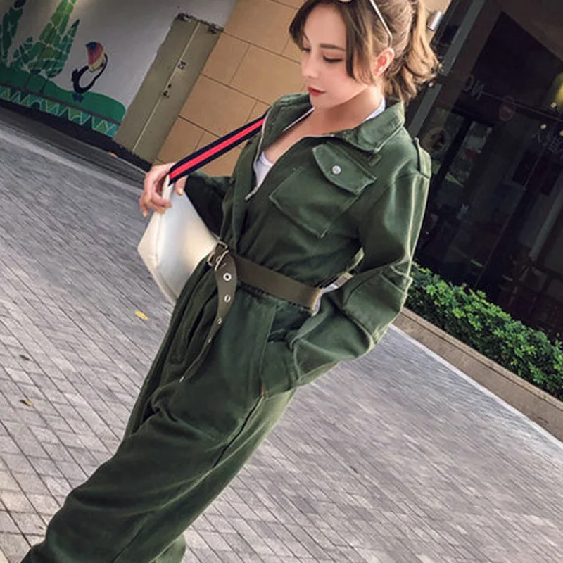 Women Vintage Workwear Slim Jeans Jumpsuit High Waist Street Wear belt Romper Army Green Denim Overalls Cowboy Work Suit