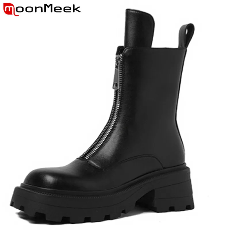 

MoonMeek 2021 New Fashion Platform Boots Women Genuine Leather Shoes Round Toe Zip Autumn Winter Square Heel Ankle Boots Women