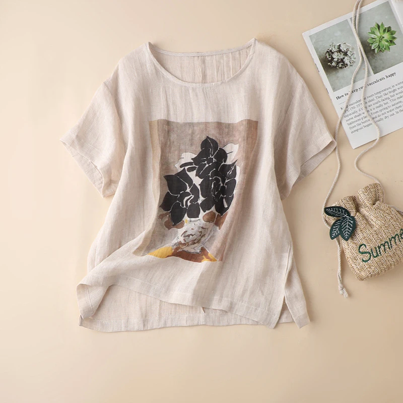 

6356 Linen T-Shirt Women Summer Fashion Trend Vintage Elegant Youth Student Flower Print Short Sleeve White Loose O-Neck Tees