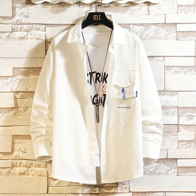 

Рубашка-карго мужская с длинным рукавом, повседневная брендовая Классическая блуза свободного покроя в стиле хип-хоп/панк, однотонная бела...