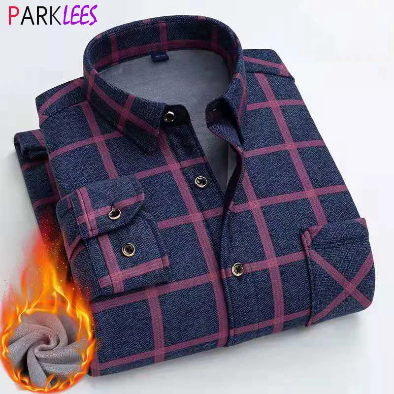 

2021 Classic Fleece Lined Plaid Dress Shirts Winter Brand Casual Warm Check Shirt Long Sleeve Business Office Wear Shirt Chemise