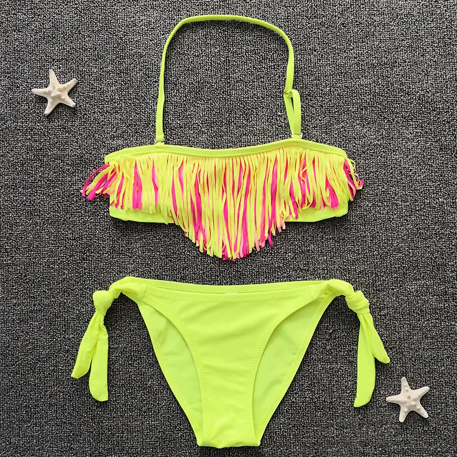 2019 Teenage Girl Bikini Kids Tassel Fringe Swimsuit Split Two Piece Children Swimwear Big Swimming Beach Bathing Suit | Спорт и